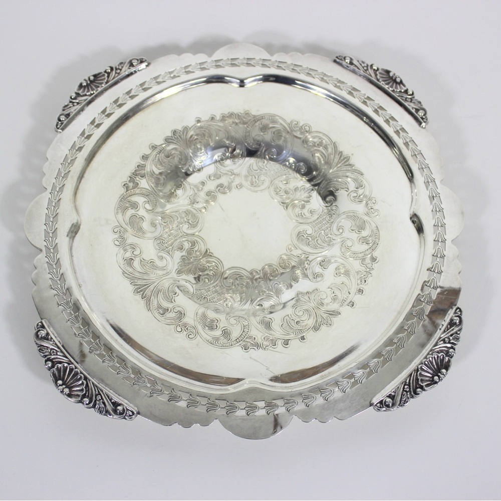 Vintage 9.75” Silver Tray with Shell Detail Corners, Round Silver Plated Dish